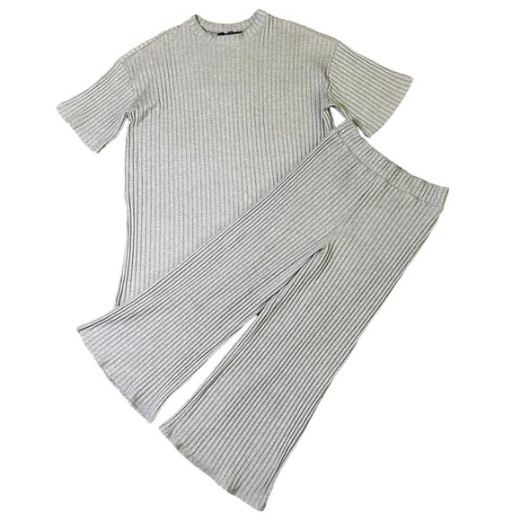 Dressed in LALA Pants - Dressed in Lala Grey Two Piece Set Ribbed Shirt Pants Size Medium Women's